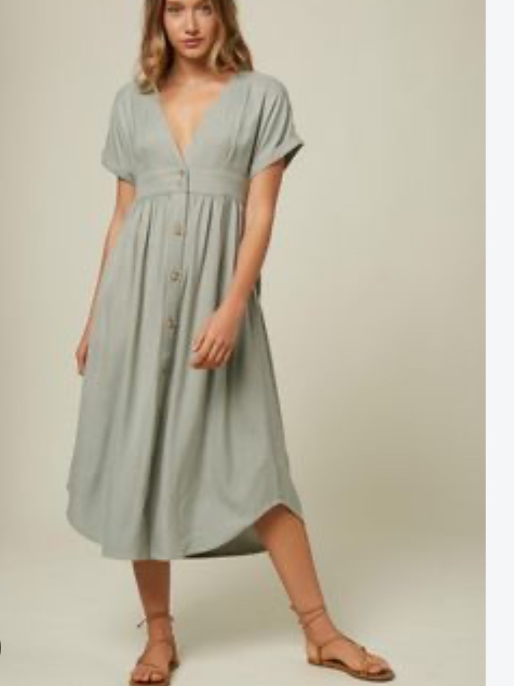 O'Neill Sage Green Button-Front V-Neck Midi Dress